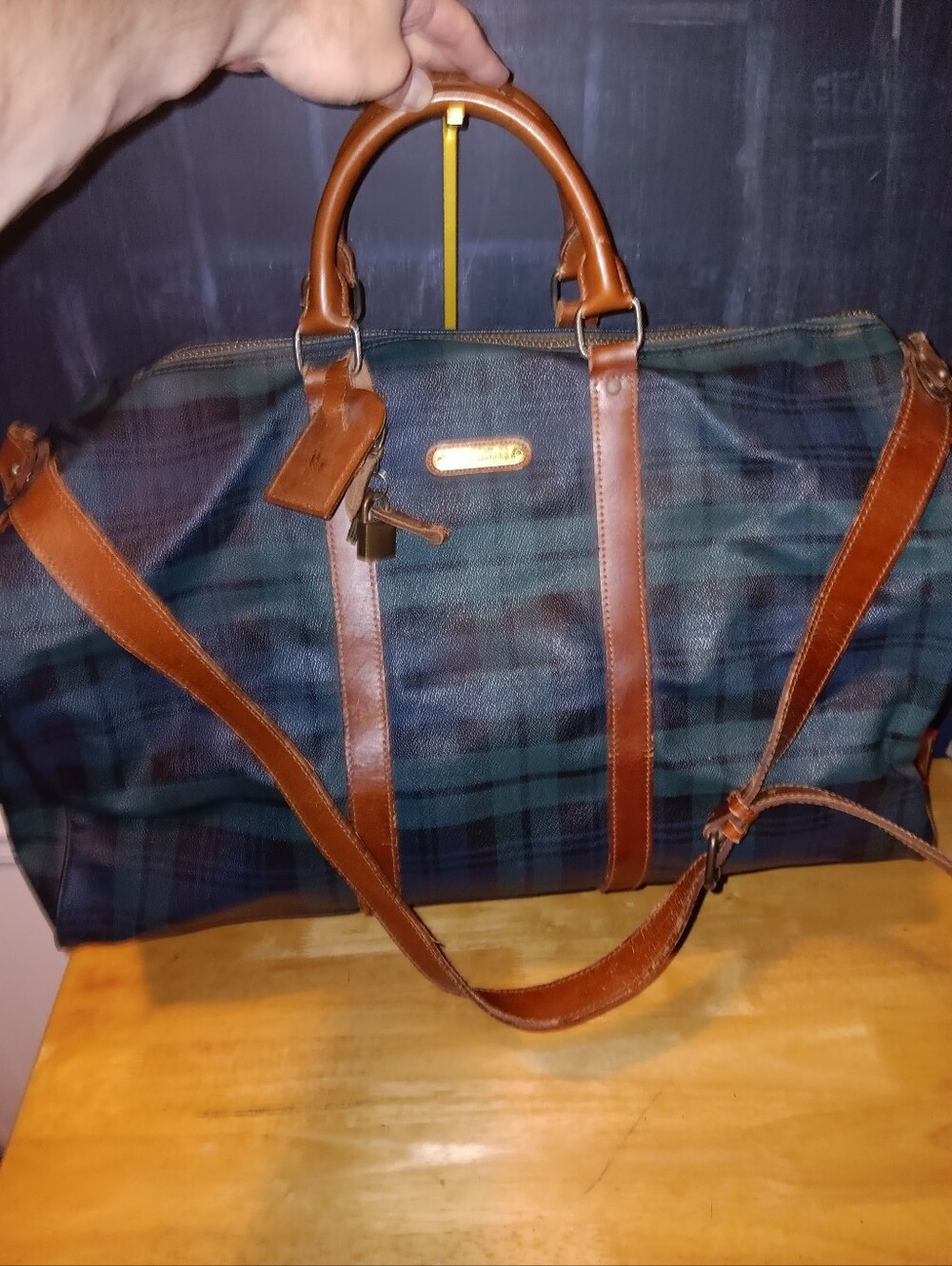 Polo by Ralph Lauren Green and Brown Plaid Leather-Trim Travel Bag With Lock Tag